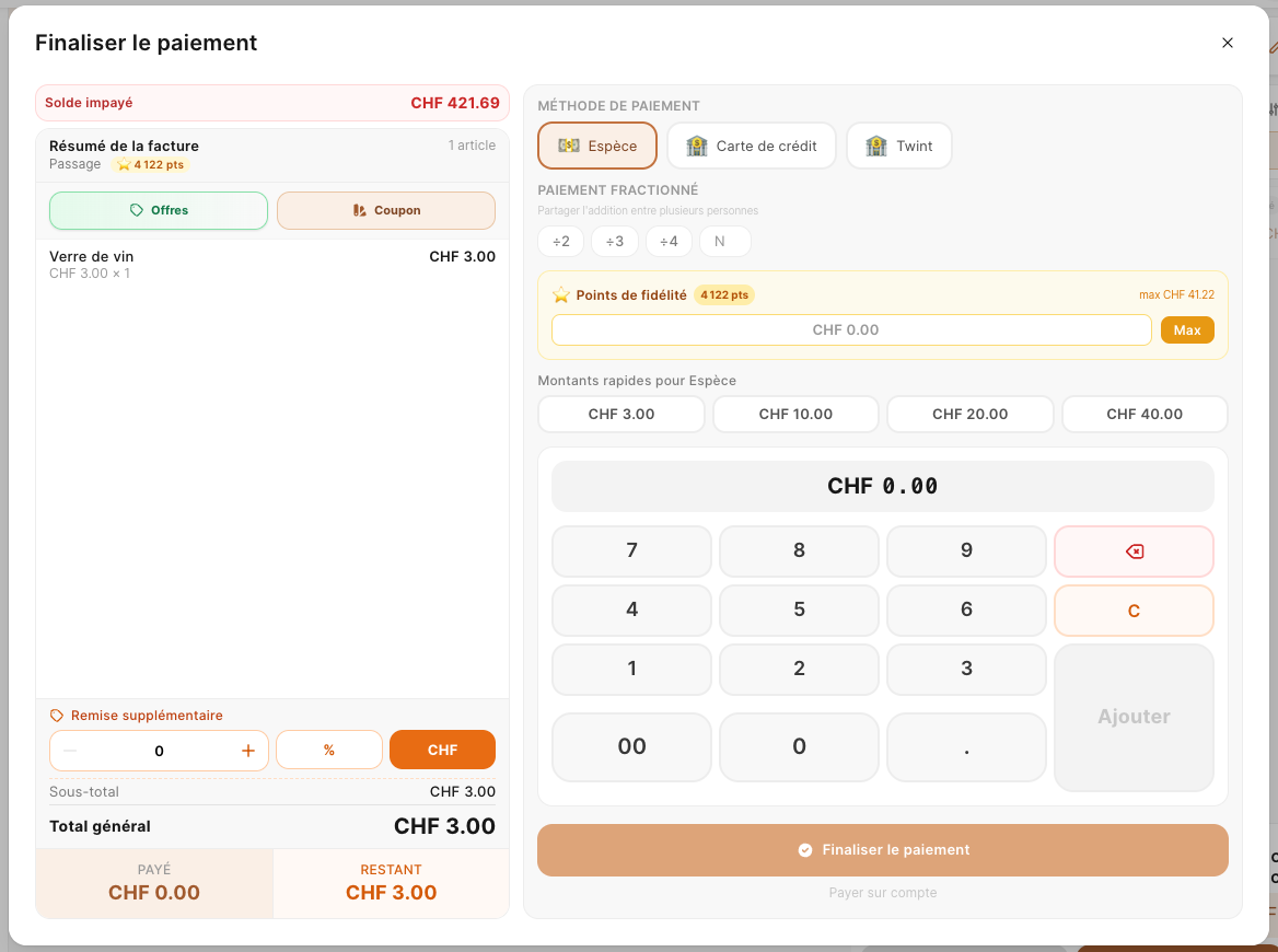 Le paiement d'une table, avec le paiement fractionné