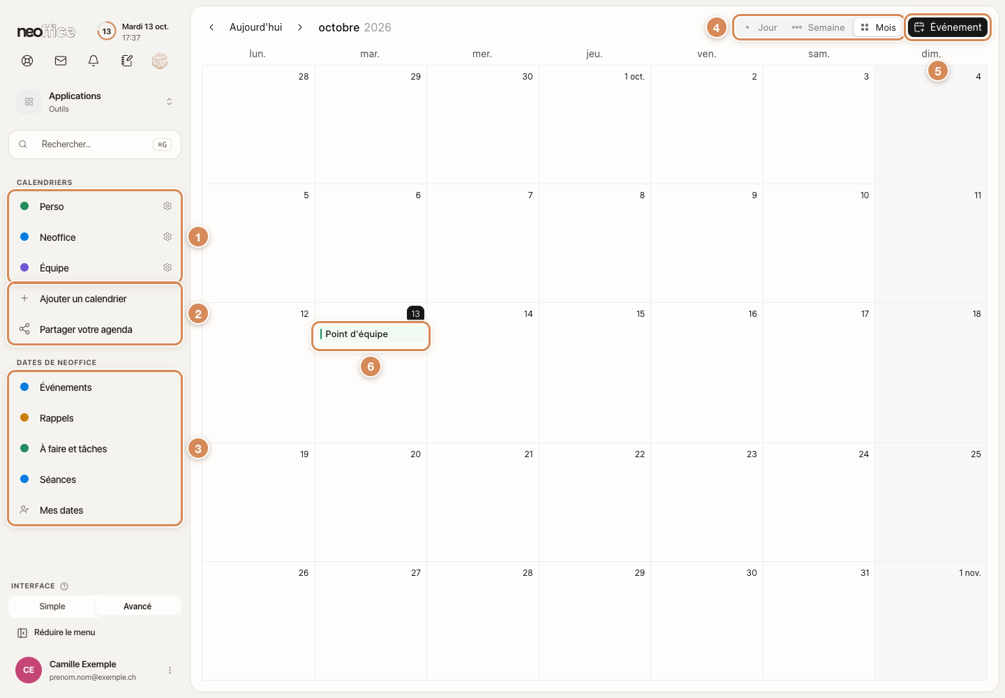 Le calendrier : la liste des calendriers, les dates de Neoffice, l'affichage et un événement du mois