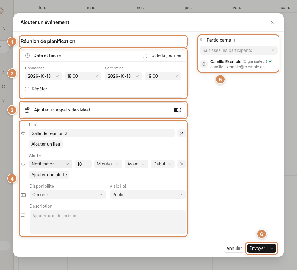 La fenêtre Ajouter un événement, remplie : titre, date et heure, appel vidéo Meet, lieu, alerte, disponibilité, participants