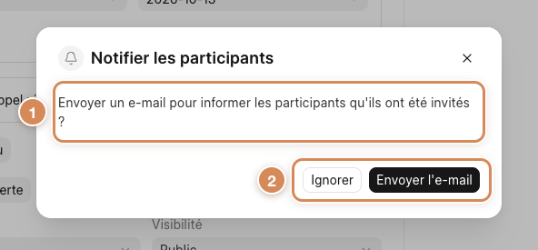 La fenêtre Notifier les participants : Ignorer ou Envoyer l'e-mail