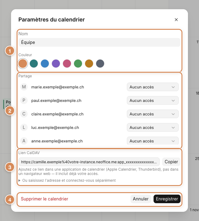 Les paramètres d'un calendrier : nom et couleur, partage, lien CalDAV et boutons