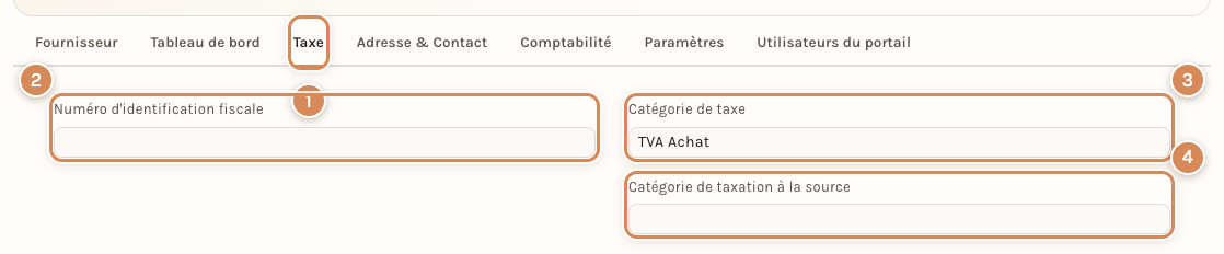 L'onglet Taxe de la fiche d'un fournisseur : la catégorie TVA Achat