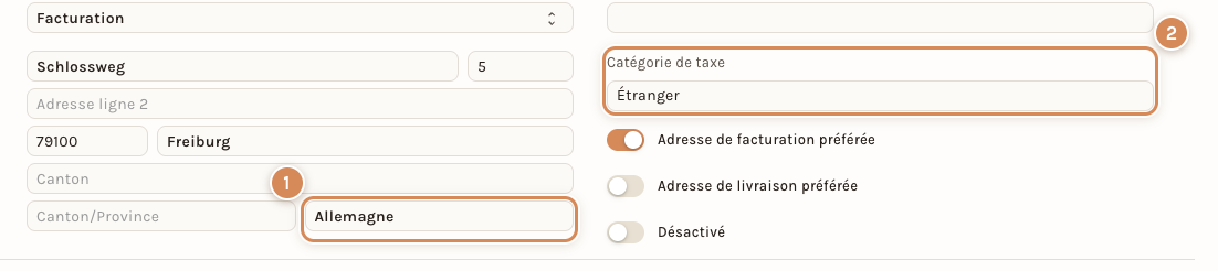 L'adresse de facturation d'un client à l'étranger : le pays et la catégorie de taxe Étranger