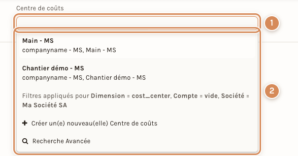 Le champ Centre de coûts d'une commande client, ouvert sur sa liste