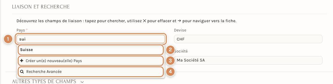 Le champ Pays après la saisie de « sui » : le résultat, la création et la recherche avancée