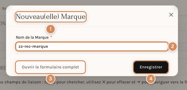 La fenêtre de création rapide d'une marque