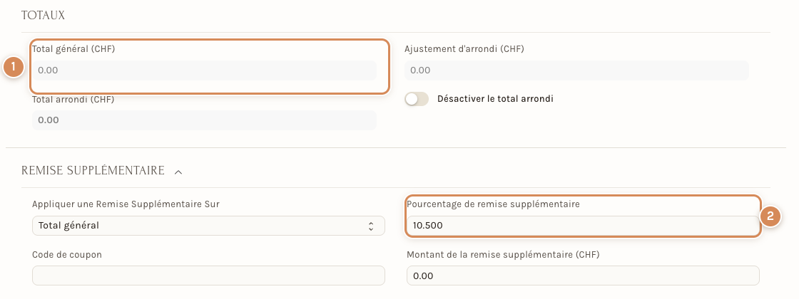 Le total général grisé et le pourcentage de remise supplémentaire d'un devis