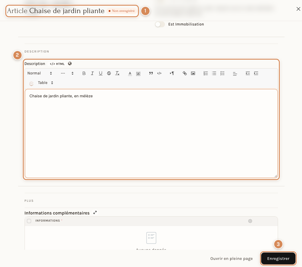 La fenêtre de l'article après la correction de la description