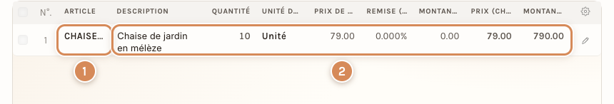 La première ligne d'une facture validée : le code de l'article et le reste de la ligne