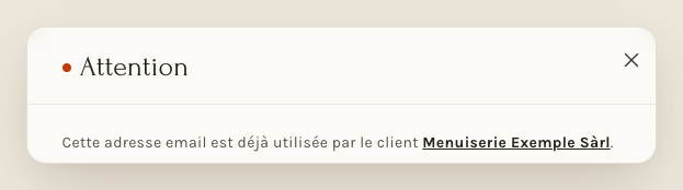 La fenêtre « Attention » quand l'adresse est déjà utilisée