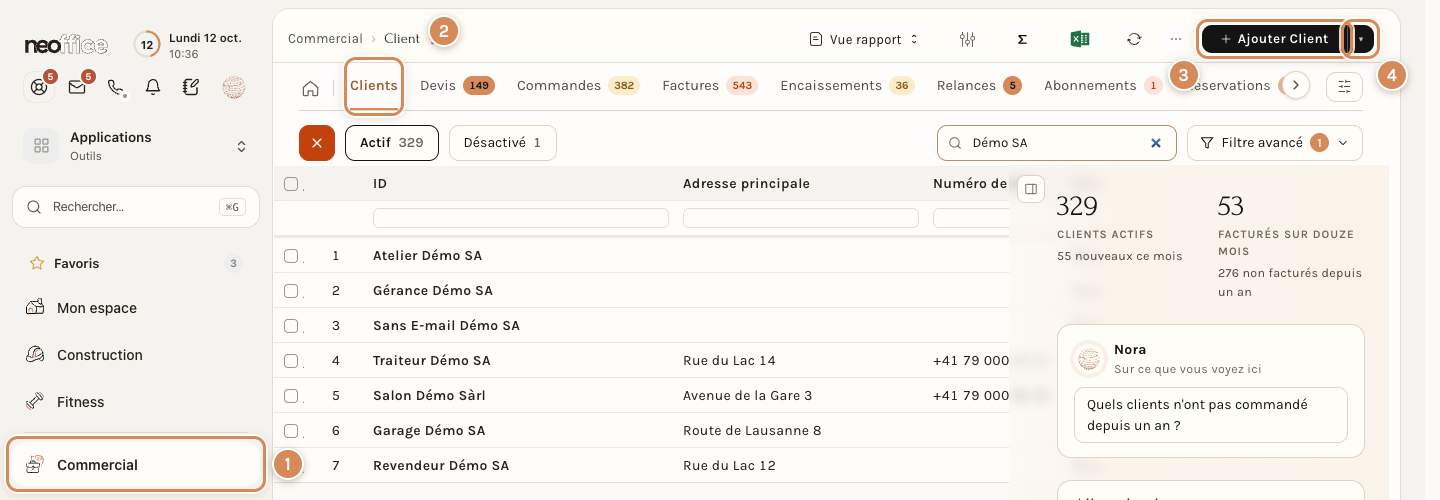 La liste des clients, ici filtrée sur les clients de démonstration, avec le chemin et le bouton pour en créer un
