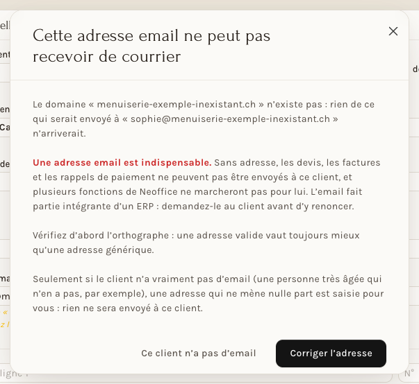 La fenêtre « Cette adresse email ne peut pas recevoir de courrier »
