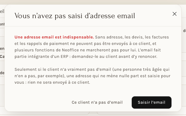 La fenêtre « Vous n'avez pas saisi d'adresse email »