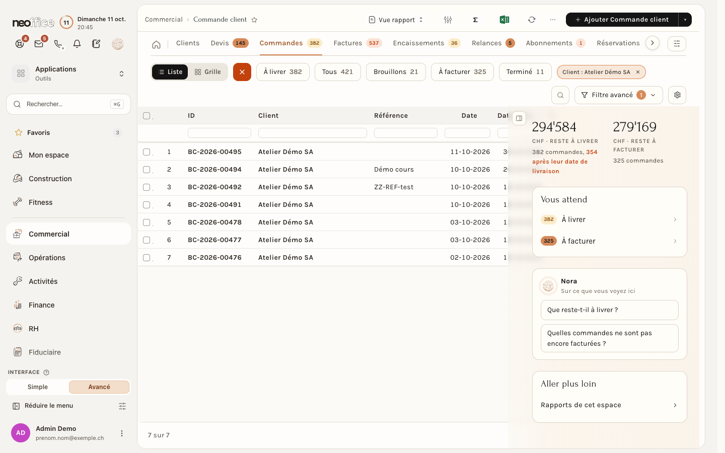 La liste des commandes, ici filtrée sur le client de démonstration