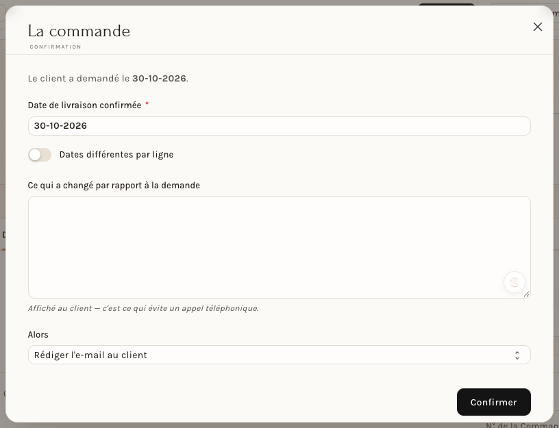 La fenêtre de confirmation de commande