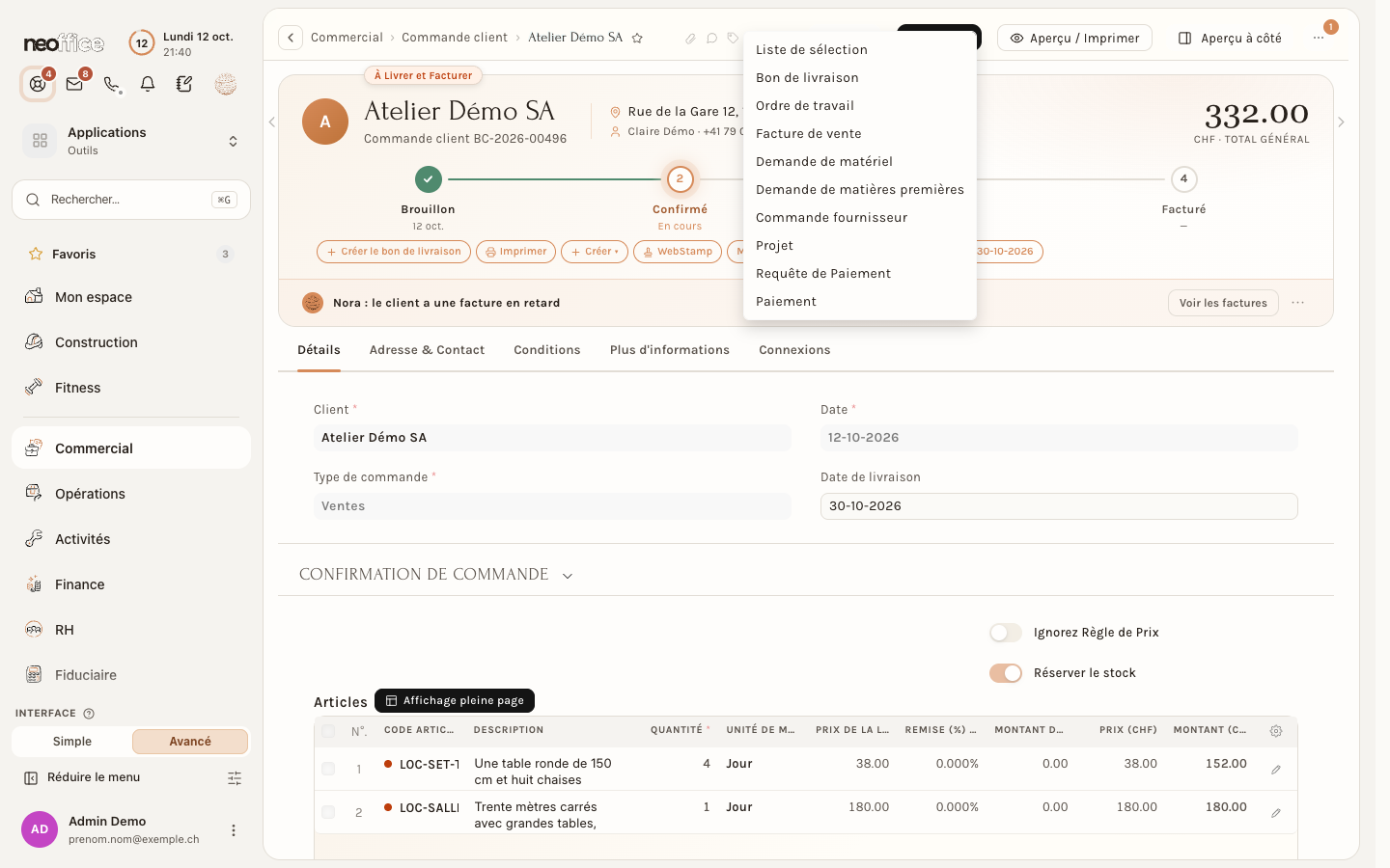 Le menu Créer d'une commande validée