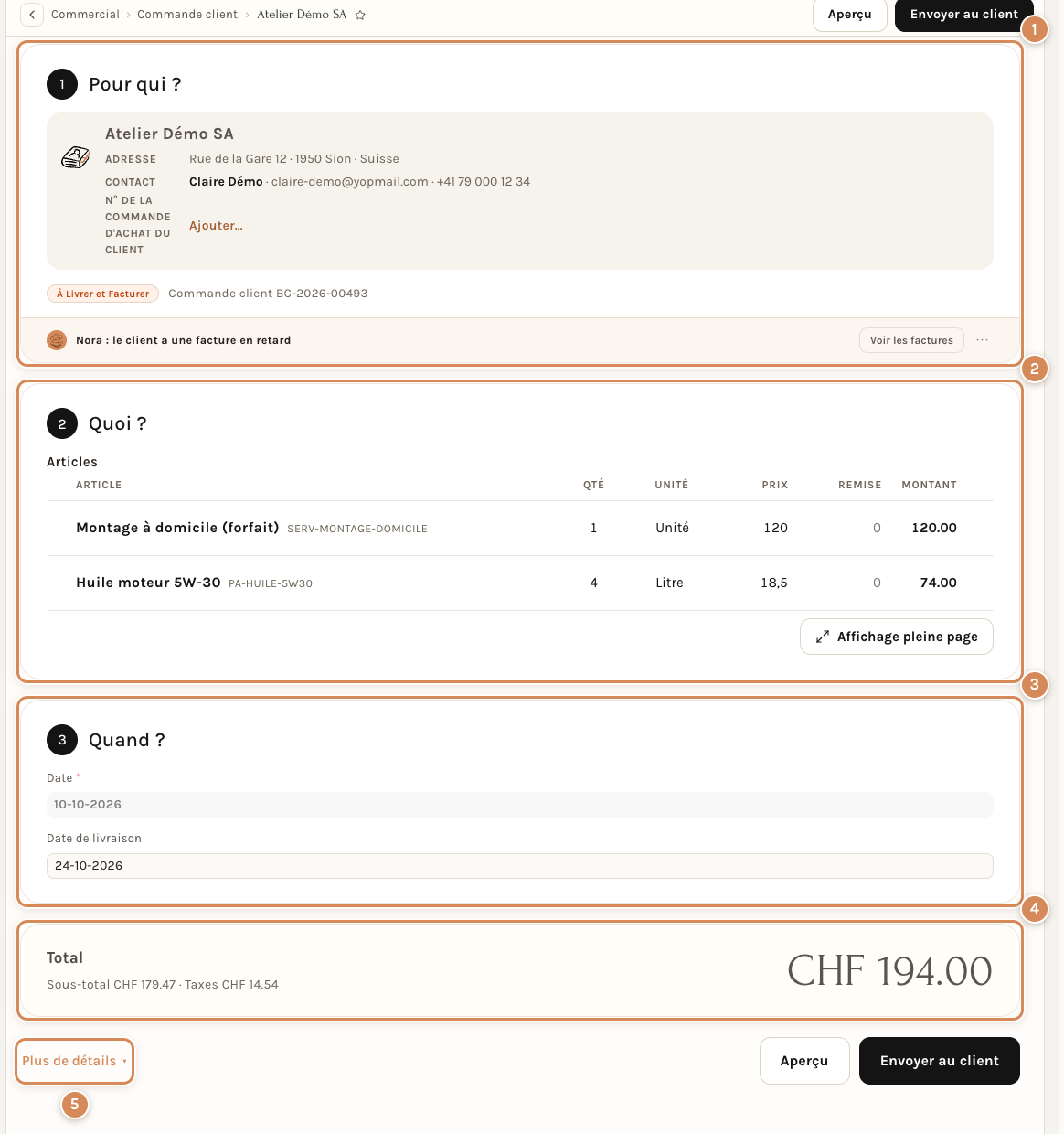 Une commande client validée en vue Simple : trois cartes numérotées, le total et le lien Plus de détails