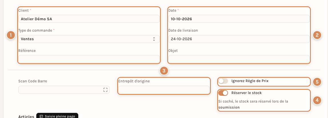 L'onglet Détails d'une commande client, en haut : client, dates, type de commande, entrepôt et stock réservé