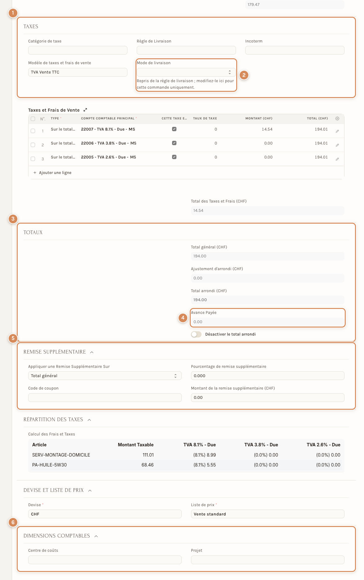 L'onglet Détails d'une commande client, en bas : taxes, mode de livraison, totaux, remise et dimensions comptables