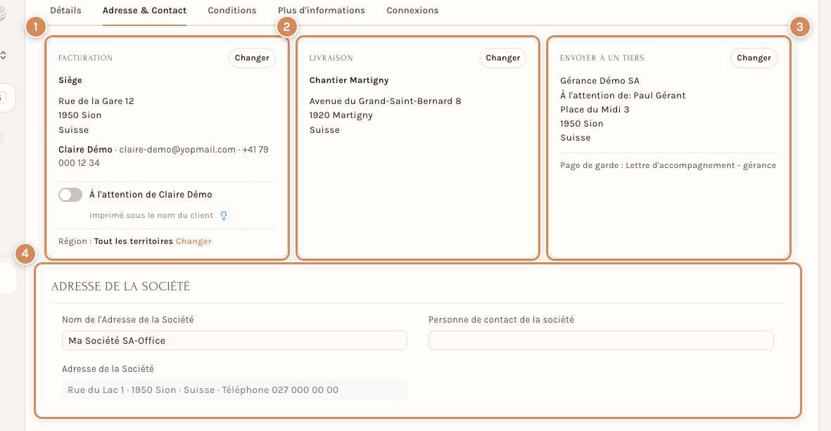 L'onglet Adresse & Contact d'une commande client : facturation avec la région, livraison, envoi à un tiers et adresse de la société