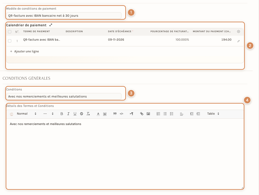 L'onglet Conditions d'une commande client : modèle de paiement, calendrier, conditions générales et leur texte