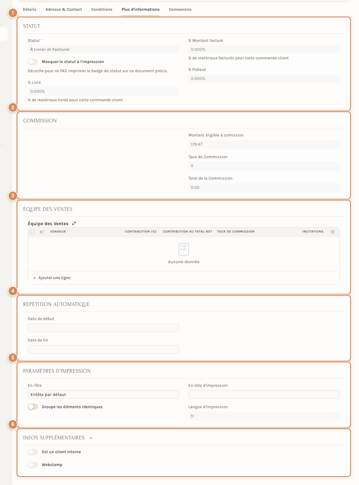 L'onglet Plus d'informations d'une commande client : statut, commission, équipe des ventes, répétition, impression et infos supplémentaires