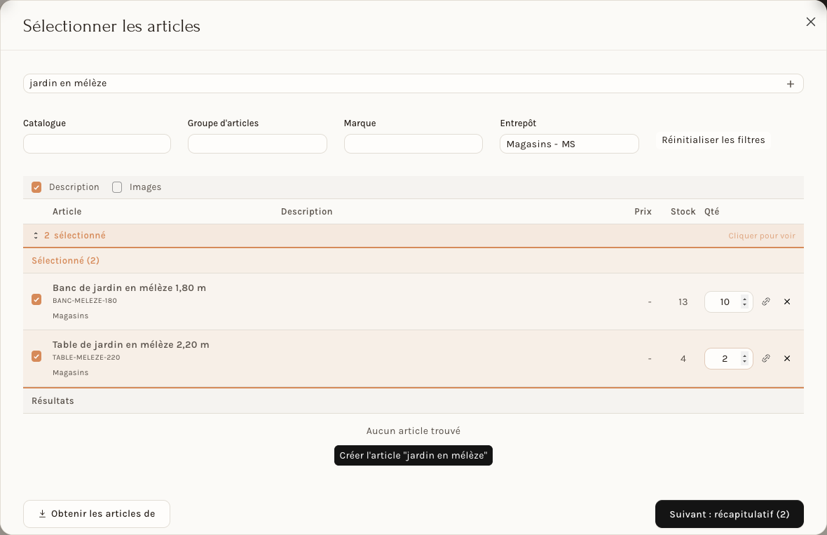 Deux articles sélectionnés, avec leur quantité
