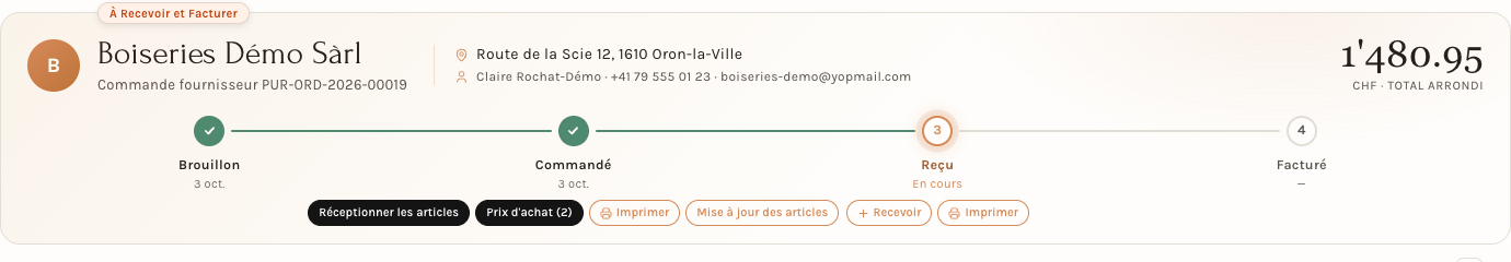L'en-tête d'une commande validée : étapes franchies et actions disponibles