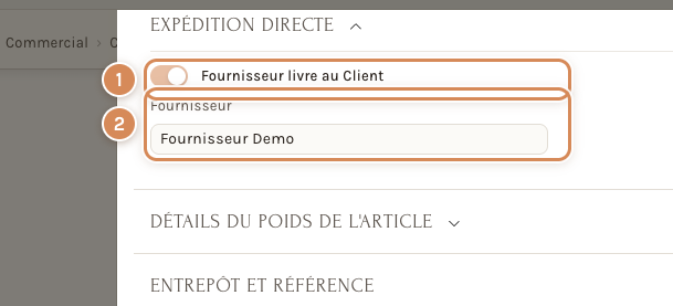 Les deux champs de la section Expédition directe d'une ligne de commande client