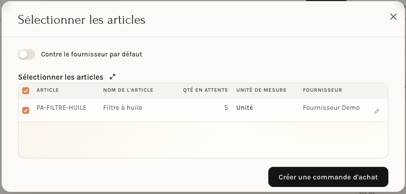 La fenêtre qui crée la commande fournisseur depuis la commande client