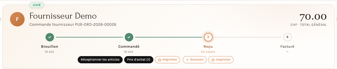 La commande fournisseur marquée Livré