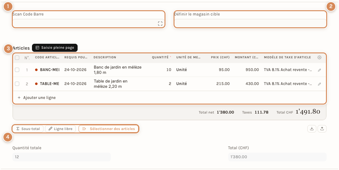 Les articles d'une commande fournisseur : scan, magasin cible, tableau et boutons
