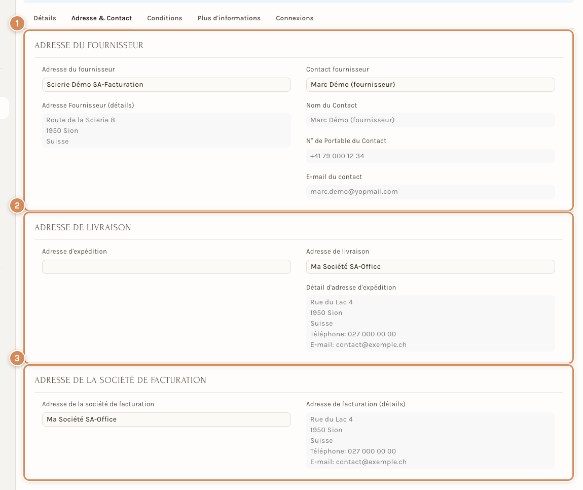 L'onglet Adresse & Contact : adresse du fournisseur, adresse de livraison, adresse de la société de facturation