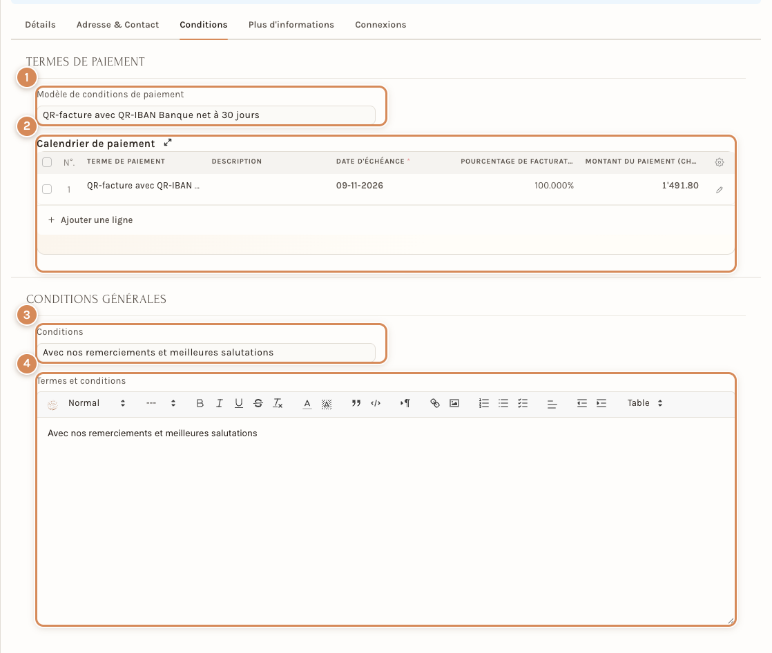 L'onglet Conditions : modèle de conditions de paiement, calendrier de paiement, conditions et termes