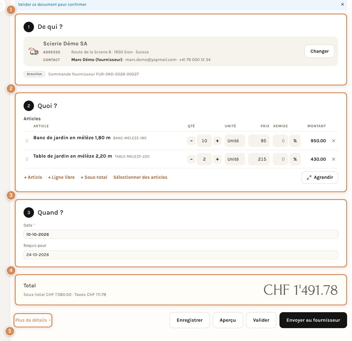 La commande fournisseur en vue Simple : trois cartes, le total et le lien Plus de détails