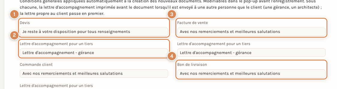 Les textes par défaut de chaque type de document, avec leur lettre d'accompagnement pour un tiers