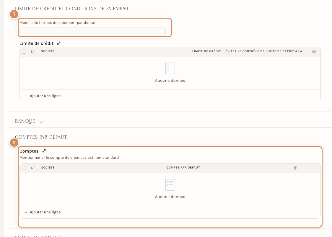 La fiche d'un client, onglet Comptabilité : le modèle de termes de paiement par défaut et les comptes par défaut