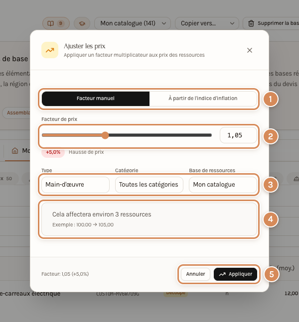 La fenêtre Ajuster les prix, avant application