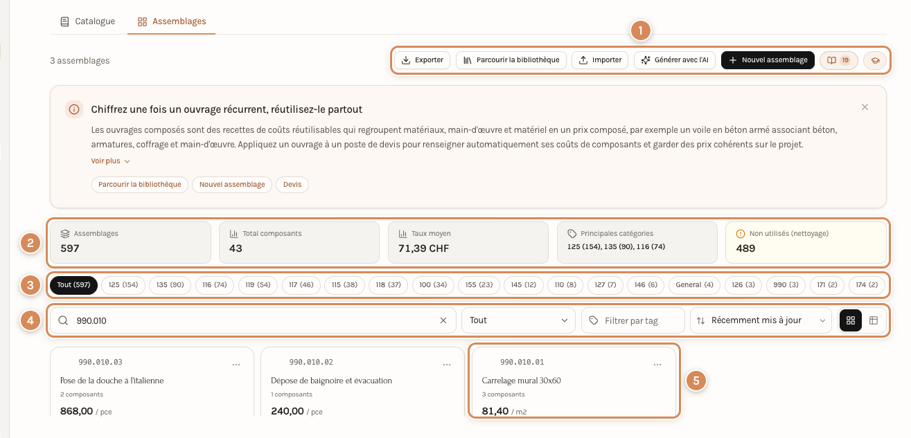 La liste des assemblages, filtrée sur trois assemblages de démonstration