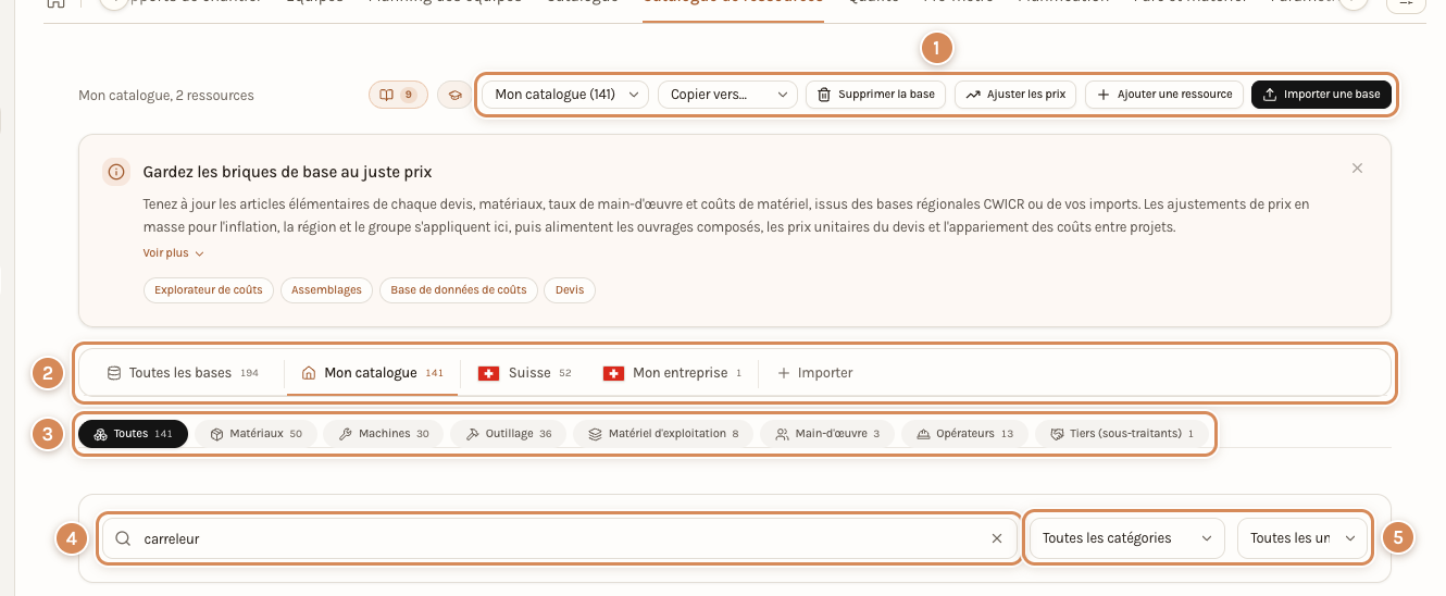 Le catalogue de ressources : la barre d'actions, les bases, les types et les filtres