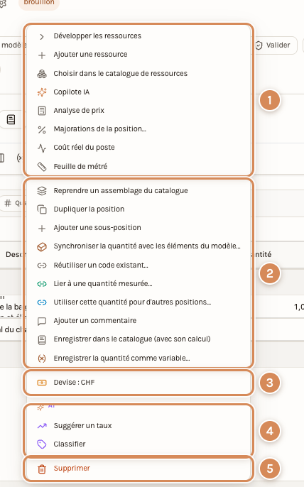 Le menu du clic droit sur une position