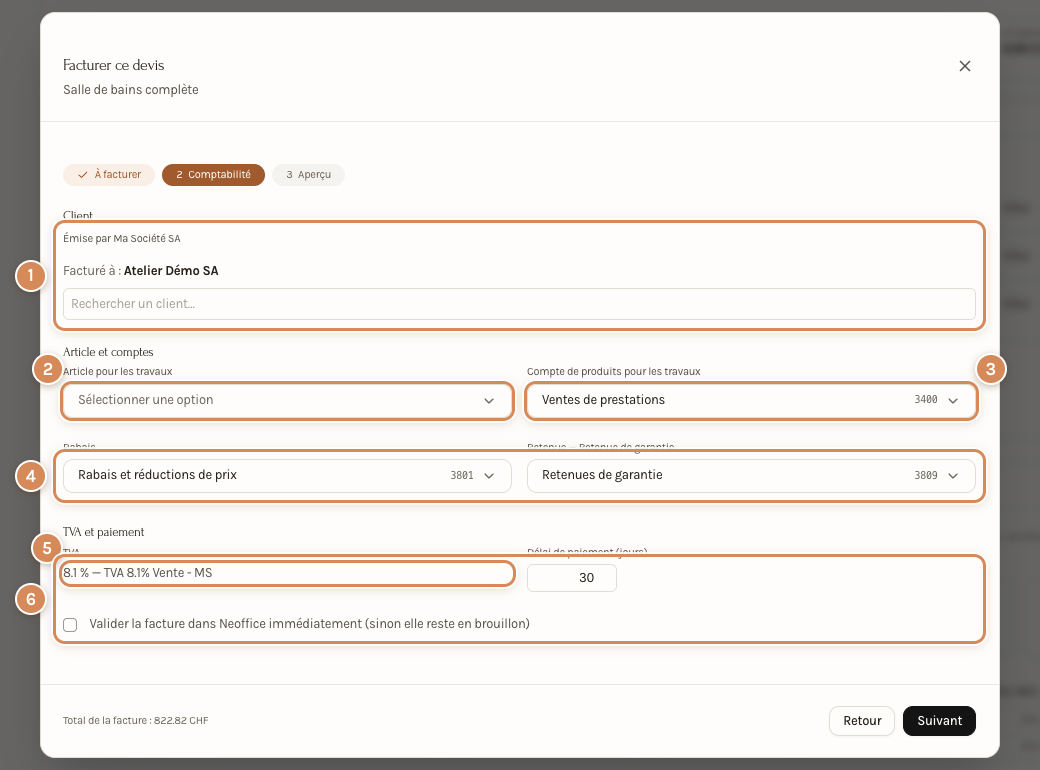 Deuxième étape : client, comptes, TVA, délai