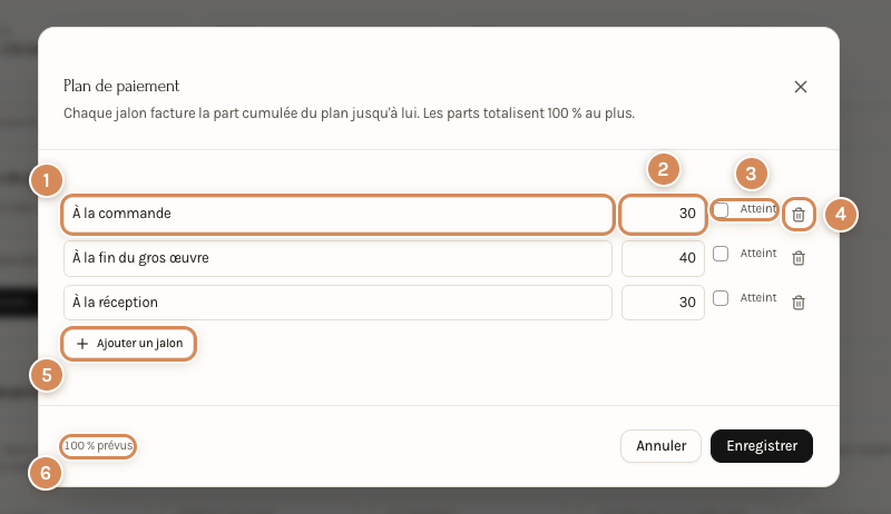 La fenêtre Plan de paiement : trois jalons, 100 % prévus