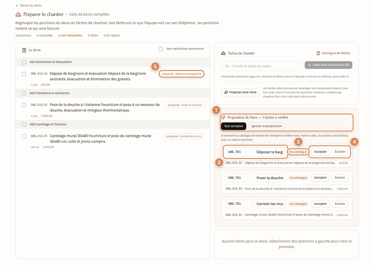 Une proposition de trois tâches venant du catalogue