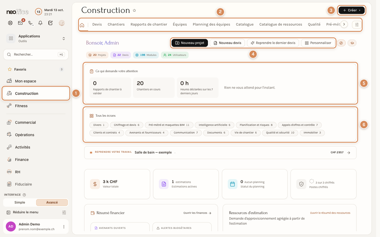 L'espace Construction : le menu, la barre d'onglets et l'accueil du module