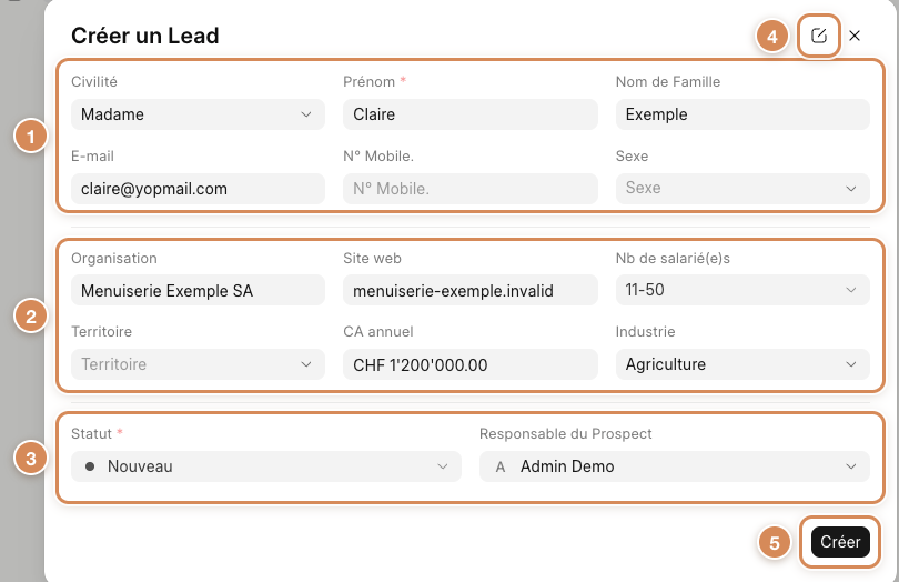 La fenêtre Créer un Lead, remplie pour l'exemple