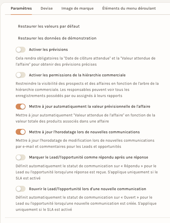 L'onglet Paramètres de Paramètres FCRM