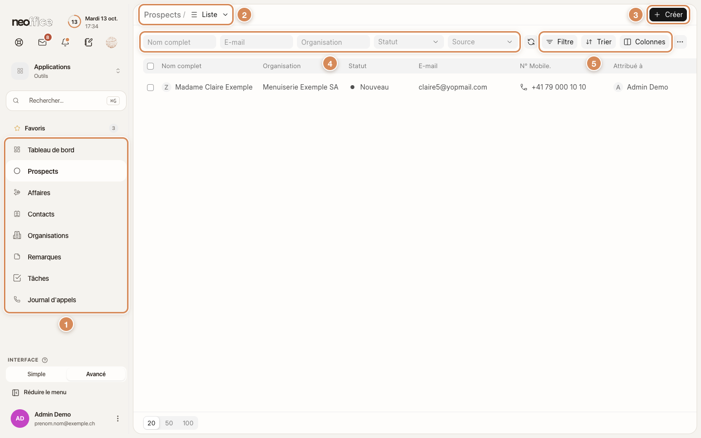 La liste des Prospects, première page du CRM, avec ses cinq zones numérotées
