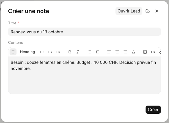 La fenêtre Créer une note