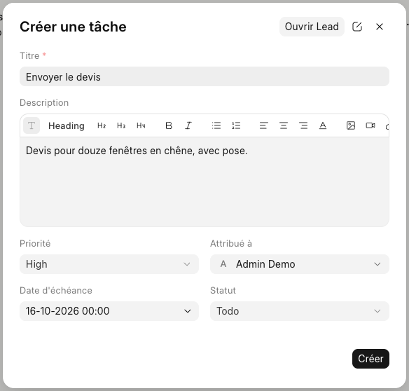La fenêtre Créer une tâche